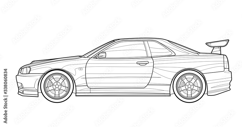 Vehicle graphic Adult coloring book, paper page and drawing. Avto vector illustration. Drive vehicle. Graphic element. Car wheel. Black contour sketch illustrate Isolated on white background.