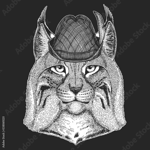 Lynx, bobcat, trot portrait. Oktoberfest. Tirol traditional hat. Beer festival. Head of wild cat. Animal face.