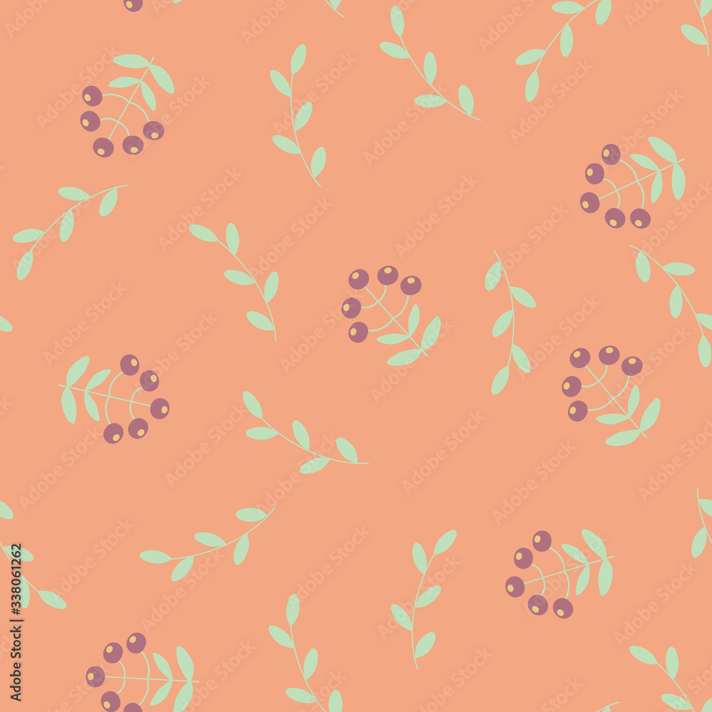 Abstract floral seamless pattern in scandinavian style with flowers and leaves on a light orange background, raster illustration