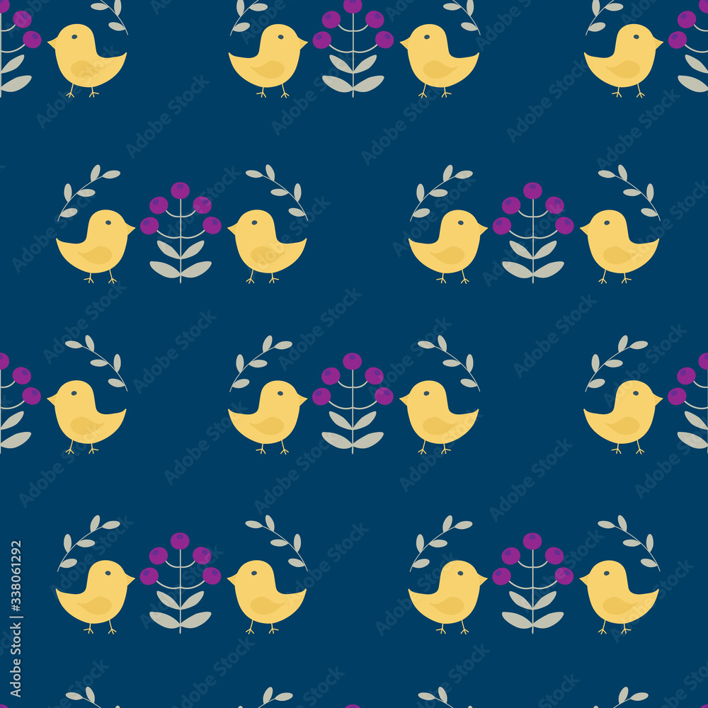 Spring seamless pattern with birds, flowers and leaves in scandinavian style, on a blue background, raster illustration Spring seamless pattern with birds, flowers and leaves in scandinavian style, on a blue background, raster illustration