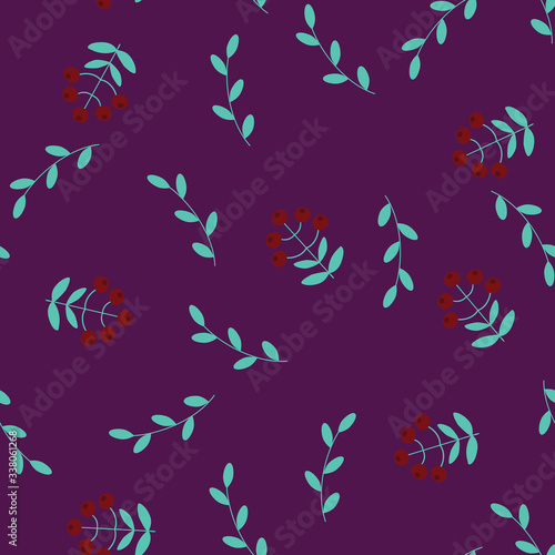 Abstract floral seamless pattern in scandinavian style with flowers and leaves on a violet background, raster illustration