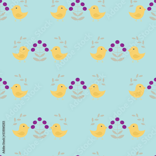 Seamless pattern with birds, flowers and leaves in scandinavian style, on a light blue background, raster illustration