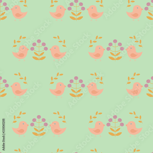 Seamless pattern with birds  flowers and leaves in scandinavian style  on a light green background  raster illustration