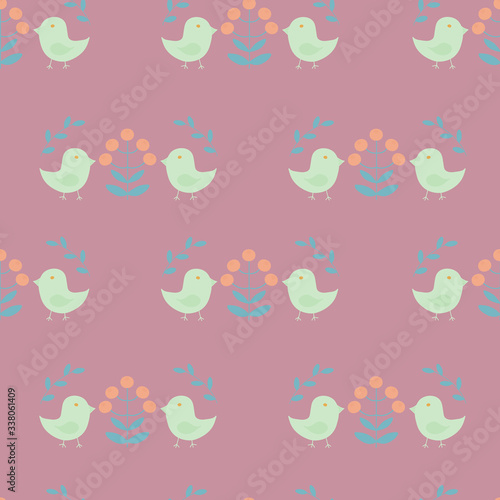 Seamless pattern in scandinavian style with birds, flowers and leaves on a pink rose background, vector illustration