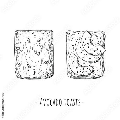 Avocado toasts. Top view. Hand-drawn style. Isolated objects on a white background. Vector cartoon illustrations.