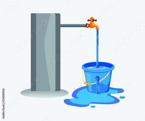Water waste from running tap. Wastage of  water theme for save water. Spread water on floor from hole bucket.