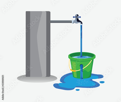 Water waste from running tap. Wastage of  water theme for save water. Spread water on floor from hole bucket.