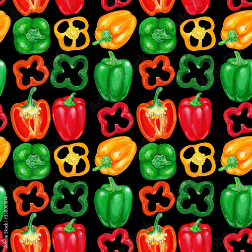 Bell pepepr with slices on a black background. Vegetable seamless pattern. photo