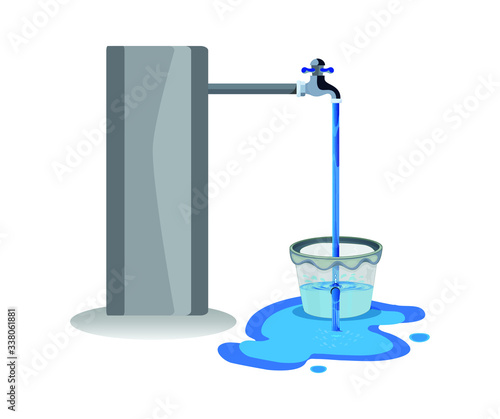 Water waste from running tap. Wastage of  water theme for save water. Spread water on floor from hole bucket.