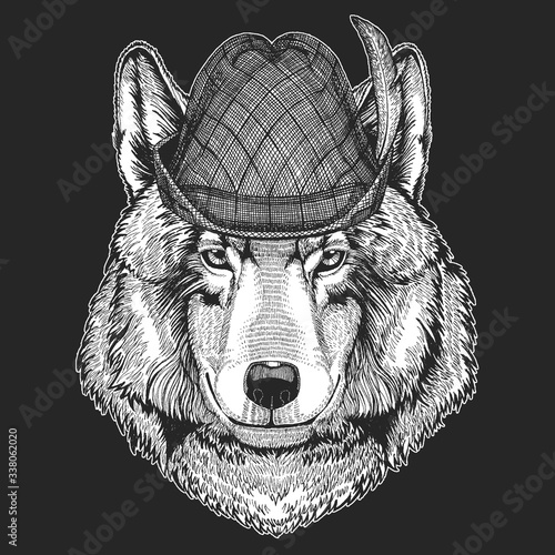 Wolf portrait. Oktoberfest. Tirol traditional hat. Beer festival. Head of wild animal.