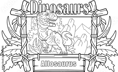 prehistoric predatory dinosaur allosaurus, coloring book, funny illustration