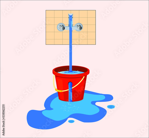 Water waste from running tap. Wastage of  water theme for save water. Spread water on floor from hole bucket.
