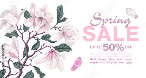 Spring sale banner template with branch of magnolia. Background with white magnolia flowers and leaves. Vector, realistic style. Spring discount, poster, advertising, template for internet promotion.