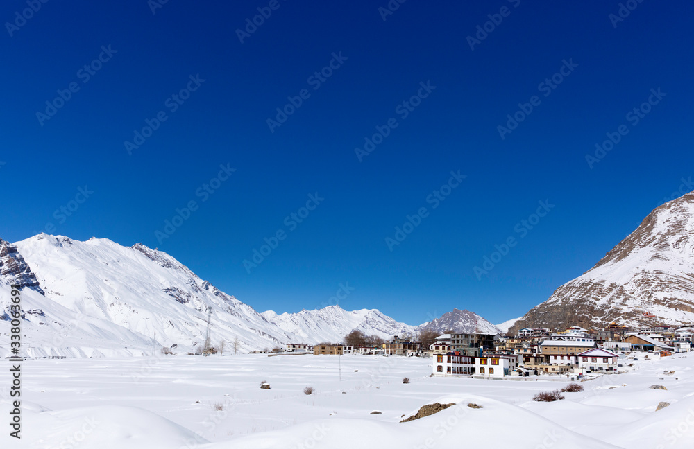 Kaza village along Spiti river at a height of around 3800 meters in Sipti valley, northern Himalayas.