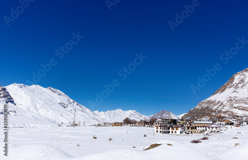Kaza village along Spiti river at a height of around 3800 meters in Sipti valley, northern Himalayas.