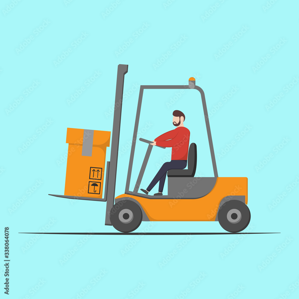 Courier on a lift loader with a cargo. Delivery service worker. Transportation concept.Vector flat illustration. Courier on a lift loader with a cargo. Delivery service worker. Transportation concept.Vector flat illustration.