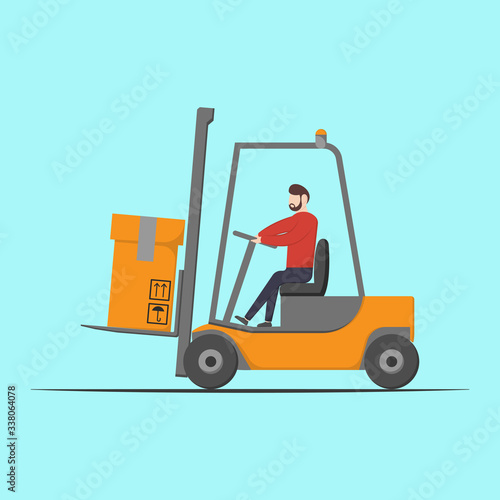 Courier on a lift loader with a cargo. Delivery service worker. Transportation concept.Vector flat illustration.