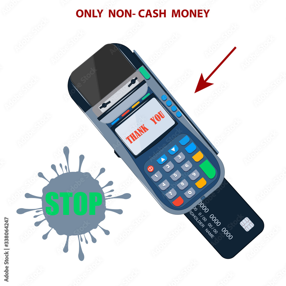 Payment terminal with credit bank card - isolated on white - vector. Quarantine. Pandemic. Only non-cash money. Preventive measures. Contactless payment. Payment terminal with credit bank card - isolated on white - vector. Quarantine. Pandemic. Only non-cash money. Preventive measures. Contactless payment.
