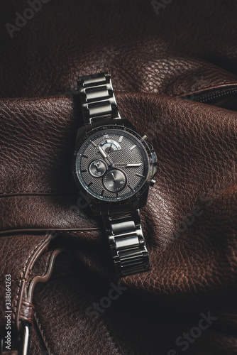 Canvas Print luxury fashion watch  closeup automatic men watch with stainless steel wrist Luxury men's watch
