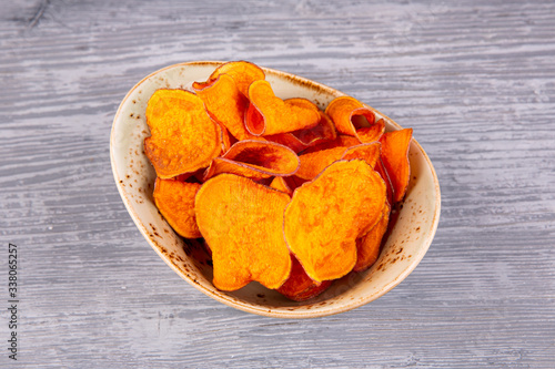 Potato chips with peperoni pepper fried on sunflower oil