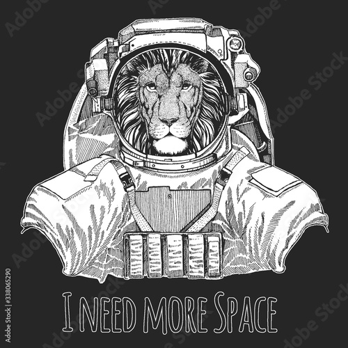 Lion head. Wild animal wearing space suit. Wild animal portrait. Face of african cat.