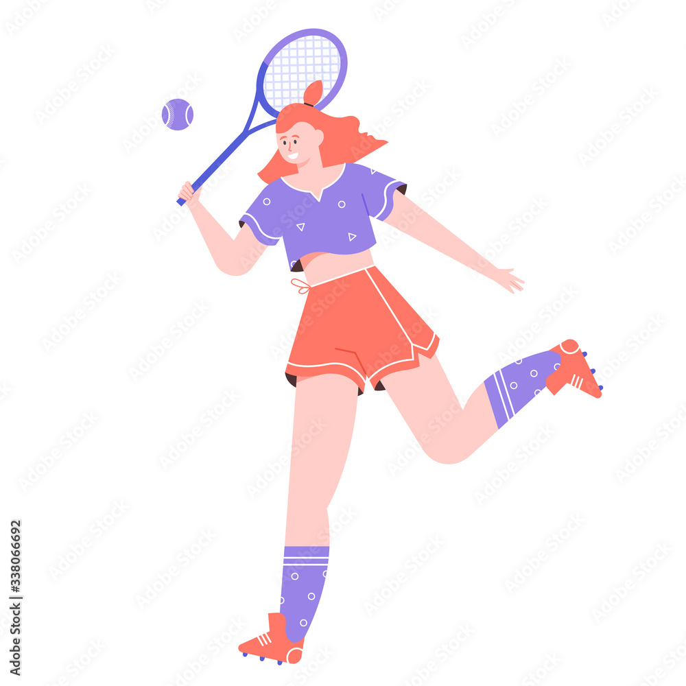 Tennis girl. Athlete with a tennis racket kicks the ball in a jump. Sport and fitness. Vector flat illustration. Tennis girl. Athlete with a tennis racket kicks the ball in a jump. Sport and fitness. Vector flat illustration.