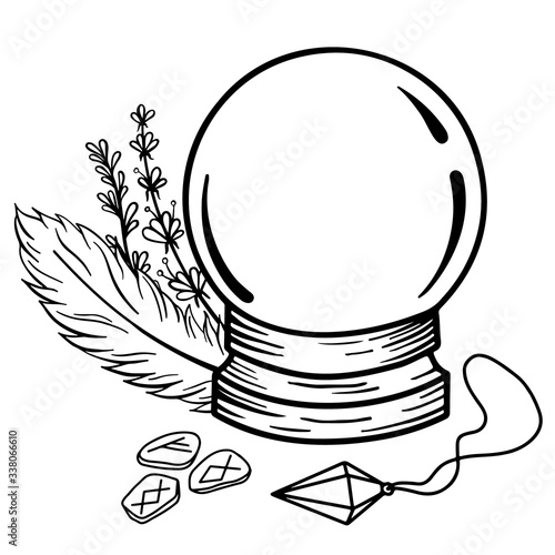 Magic crystal ball for divination. A magic prediction ball with magic things around it. Perfect for tattoos and t-shirts