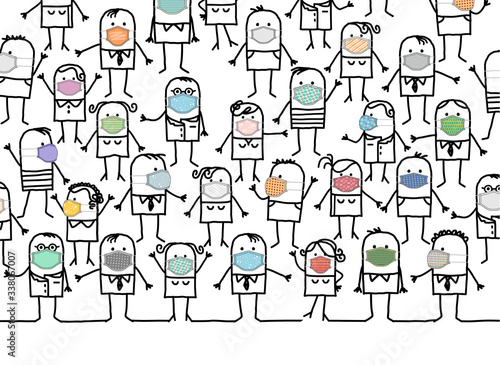 Cartoon group of people wearing home-made colored protection masks