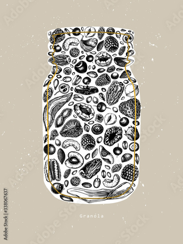 Granola vintage design. Engraved healthy breakfast illustration. Homemade granola with different berries, cereals, dried fruits and nuts frame. Healthy food template with golden and sketched elements.
