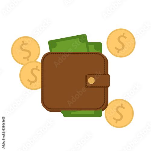 Illustration of a brown leather purse with stacks of gold dollar coins. Vector