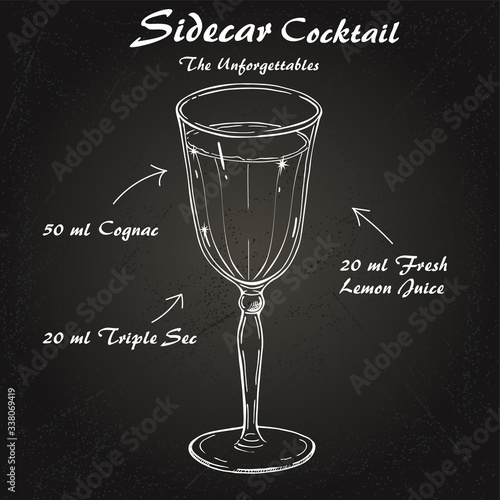 Sidecar alcohol cocktail recipe vector handrawn sketch