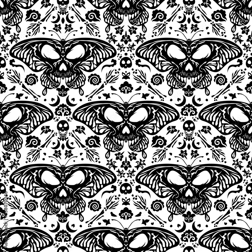 Butterfly skull art seamless pattern