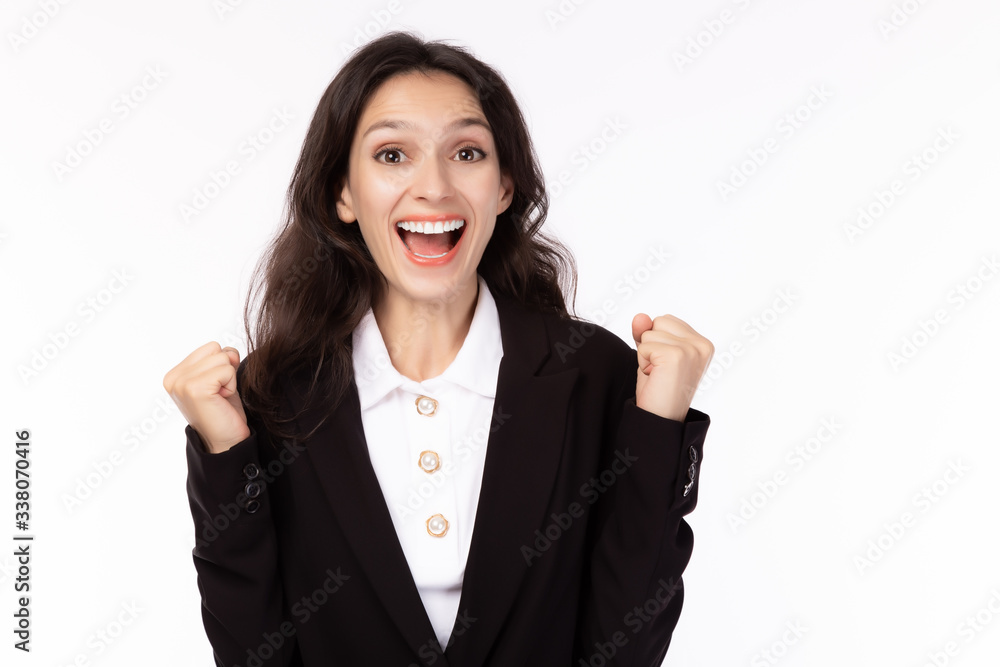 Businesswoman gets surprised, happiness for winning lotto, lottery or executive female win auction of big project. Caucasian businesswoman gets cheerful with smile face. She is screaming for winner Businesswoman gets surprised, happiness for winning lotto, lottery or executive female win auction of big project. Caucasian businesswoman gets cheerful with smile face. She is screaming for winner