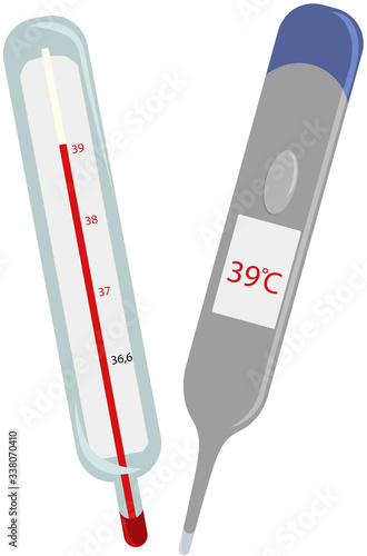 Set of thermometers. Fever. Pneumonia, sepsis and poisoning. Medical equipment.