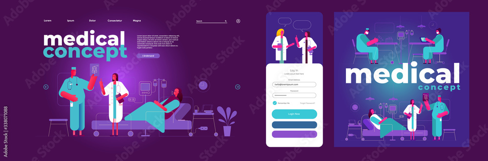 Flat vector illustration. COVID-19. The doctor and nurse are watching the patient at the hospital. Medical background. Site template and mobile application
