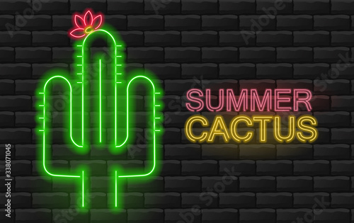Neon cactus, beautiful green cactus, brick background, neon lights vector illustration