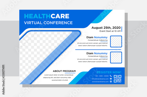 virtual conference of Medical treatment Flyer Vector Template with blue element design and white background. Healthcare clinic Poster and Brochure Cover. diagonal space for photo. horizontal layout. 