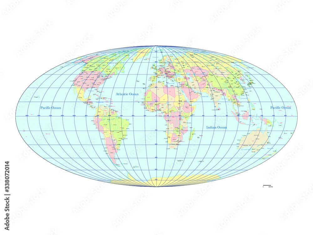 世界地図 モルワイデ図法 ヨーロッパ中心 国ごとにバラバラになります World Map Mollwide Cylindrical Projection The Europe Center Vector De Stock Adobe Stock