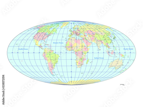 世界地図 モルワイデ図法 ヨーロッパ中心 - 国ごとにバラバラになります | World Map - Mollwide cylindrical projection : The Europe center