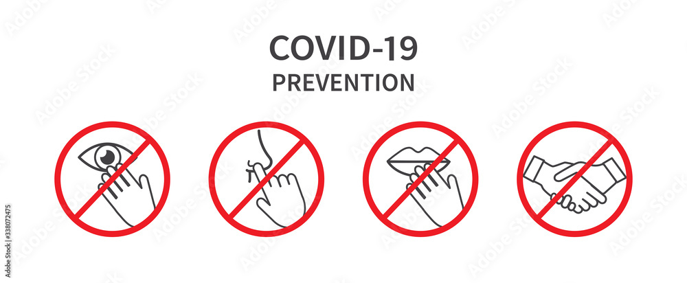 Do Not Touch Sign. Do not touch eyes, nose, mouth. Avoid handshakes. Coronovirus epidemic protective. Vector illustration - obrazy, fototapety, plakaty 