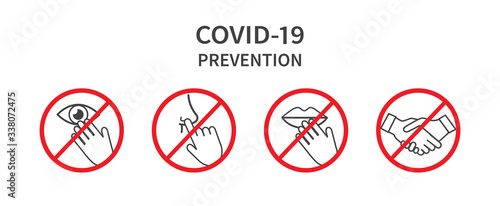 Do Not Touch Sign. Do not touch eyes, nose, mouth. Avoid handshakes. Coronovirus epidemic protective. Vector illustration