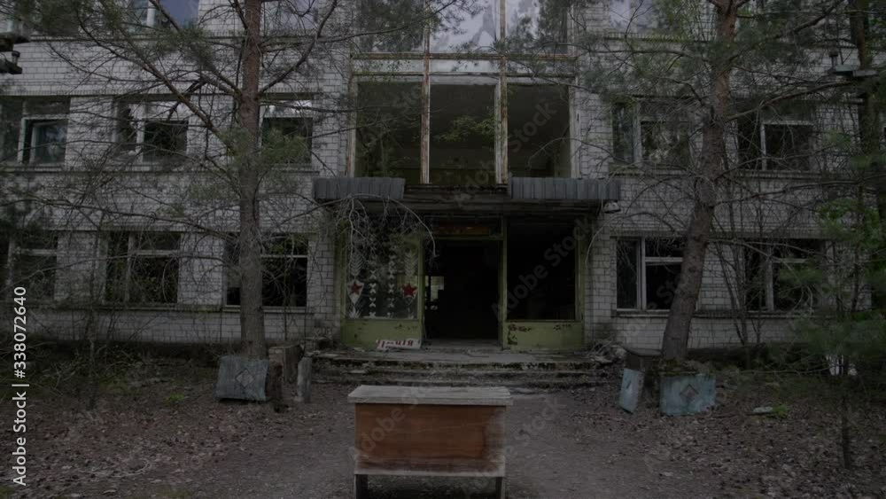 Chernobyl Exclusion Zone. Abandoned Police Station Building in Prypiat. Wide Dolly Shot Chernobyl Exclusion Zone. Abandoned Police Station Building in Prypiat. Wide Dolly Shot