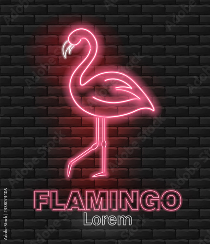 Flamingo neon, pink flamingo, hello summer, neon pink light, brick background, vector illustration