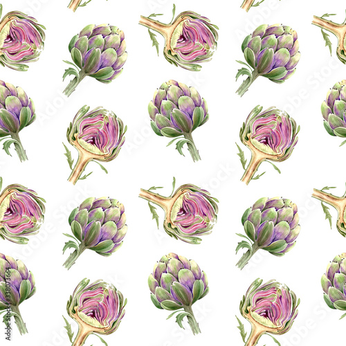 pattern with artichoke plants, on a white background watercolor illustration
 photo