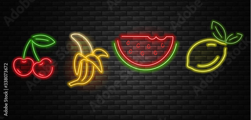 Fruits set neon light, cherry, banana, watermelon and lemon neon, summer set, brick background vector illustration