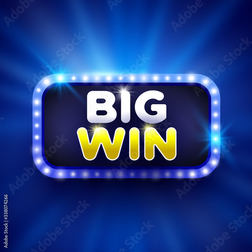 Big win blue rectangular banner with lights. Vector illustration.