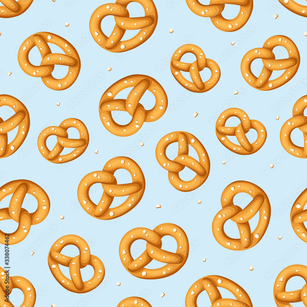 Vector seamless pattern with pretzels on a blue background.
