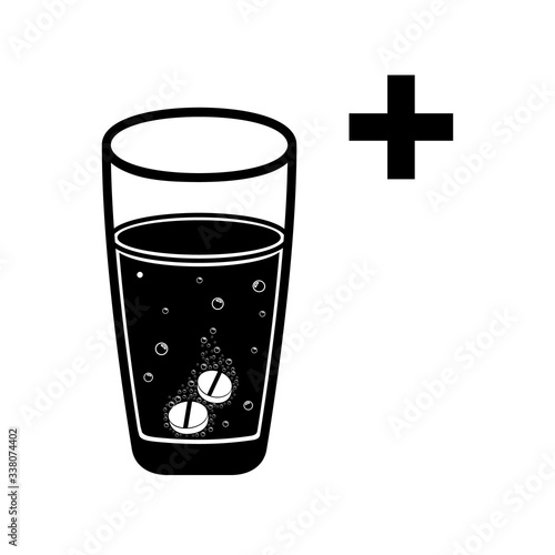 Vector illustration glass with water and tablet in it. Effervescent pill, tablet. Flat black vector illustration on white background.