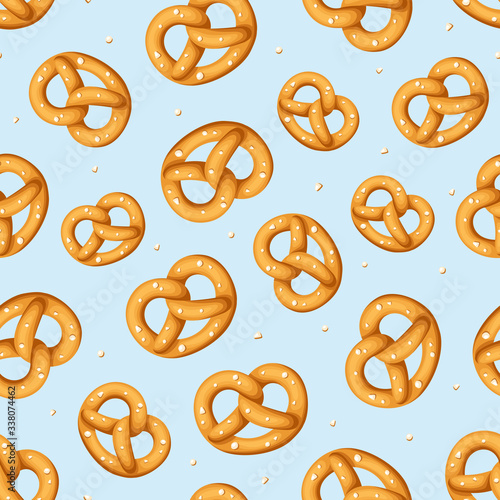 Vector seamless pattern with pretzels on a blue background.