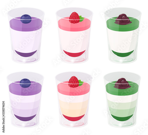 グラスに入ったおしゃれなプリンのイラスト_セット